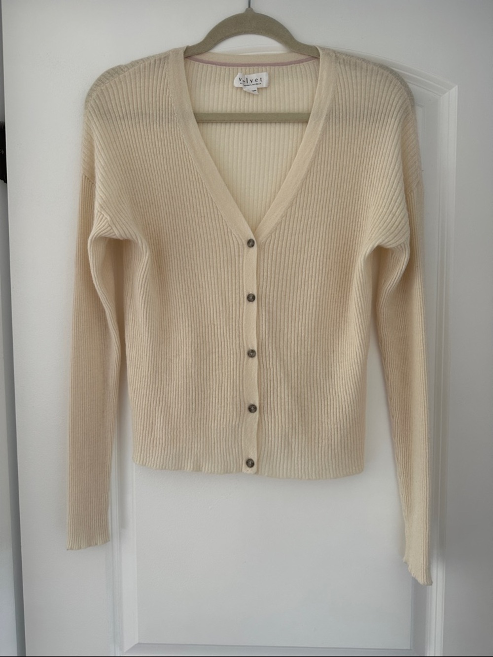 Velvet Cream Cashmere Ribbed V-Neck Button Cardigan Snug Fit